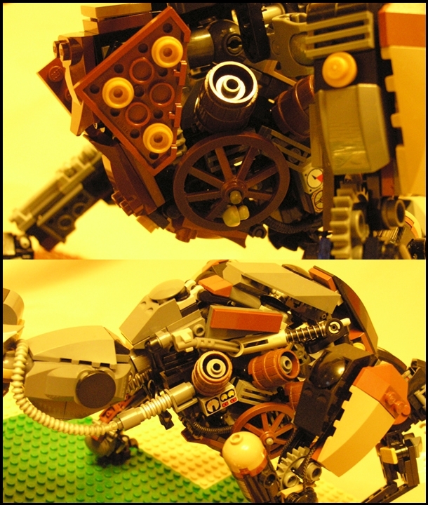 LEGO MOC - Steampunk Machine - Warning! Hunters!: 'Огромный паровой двигатель, с 6 цилиндрами поддерживает жизнеспособность химеры. Что бы продолжать двигаться, химера поедает дерево и прочие горючие вещества'
