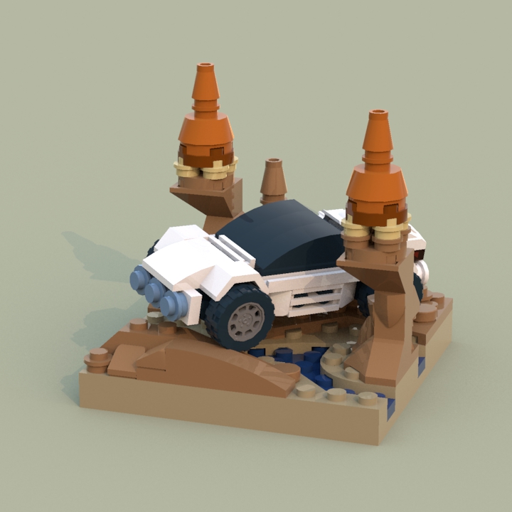 LEGO MOC - Battle of the Masters 'In cube' - Пересечение ручья в каньоне: Цель работы - показать, что полноценная сценка такого масштаба вполне умещается в куб. Никаких соплей, кустиков, птичек и прочего - только суровые скалы и автомобиль.
