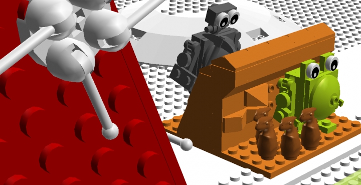 LEGO MOC - New Year's Brick 2016 - Валли — Дед Мороз: Потом Док проверит, не грязный ли подарок, на котором робот раскалывает камень, потому что робот хочет найти инопланетян, а они в это время как раз за камнем. Там идут четыре динозаврика и стоит кто-то непонятный. Потом Валли всё это упакует и разнесёт подарки.