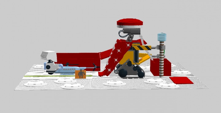 LEGO MOC - New Year's Brick 2016 - Валли — Дед Мороз: Вид сбоку. Док стоит за Валли. Он смотрит на вертолёт.