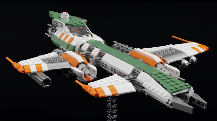 LEGO MOC - LEGO-конкурс 'Путь к звездам' - Экспериментальный штурмовой звездолёт класса 'Нерн': Грани асимметричного оперения звездолёта действительно отдалённо напоминали одноимённую букву. Нерациональная на первый взгляд компоновка, вероятно, позволяла уравновесить размещение выбранного для 'самоубийственной миссии' вооружения разных калибров и масс.