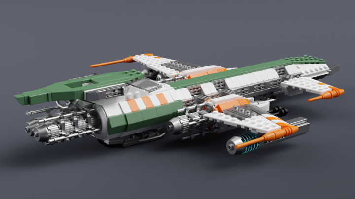 LEGO MOC - LEGO-конкурс 'Путь к звездам' - Экспериментальный штурмовой звездолёт класса 'Нерн': Конструкция 'Нерна' предусматривала размещение на крыльях торпедной пусковой установки, двух ионных бомб и двух сдвоенных низкоимпульсных плазменных орудий повышенной скорострельности, в то время, как в корпусе были смонтированы более традиционные лазерные пушки. С целью компенсации дисбаланса в условиях атмосферных полётов на штурмовик были установлены разнотяговые двигатели, а крылья обладали возможностью изменения угла наклона и аэродинамическими интерцепторами для осуществления точечного торможения и корректировки курса на дозвуковых скоростях.