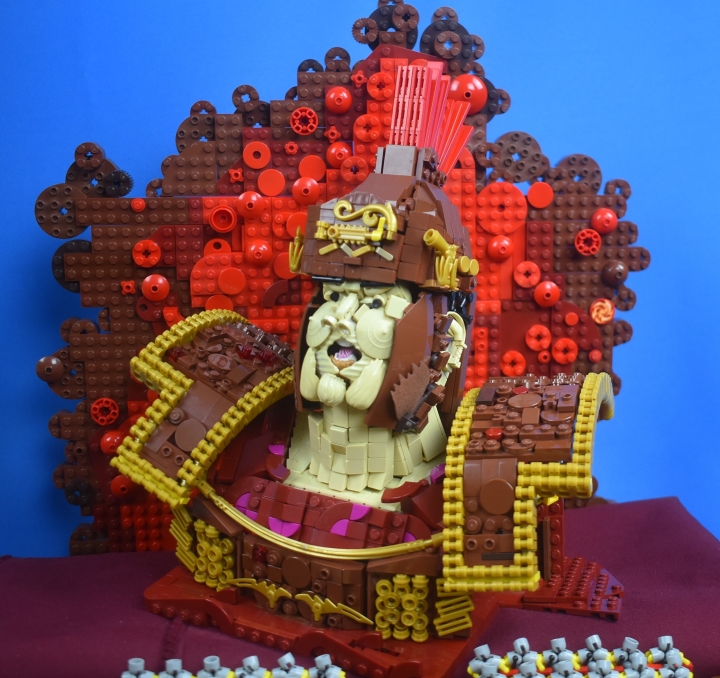 LEGO MOC - Младшая лига. Конкурс 'Средневековье'. - Ор на весь SPQR: <br><p align=left></i><br />
Нащечники съехали назад, получилось как с лего-версией, так как очень сильно выпирали задней частью и мешали головам гунганов, зато появилась возможность сделать щеки полностью, пусть и с немного резким переходом от лица к горлу. Глаза имеют слишком большое расстояние между собой (оно должно равняться ещё одному глазу), а также сами глаза мелковаты, однако идей глаз сильно не наблюдалось, песочные детали фигурок уже подходили к концу.